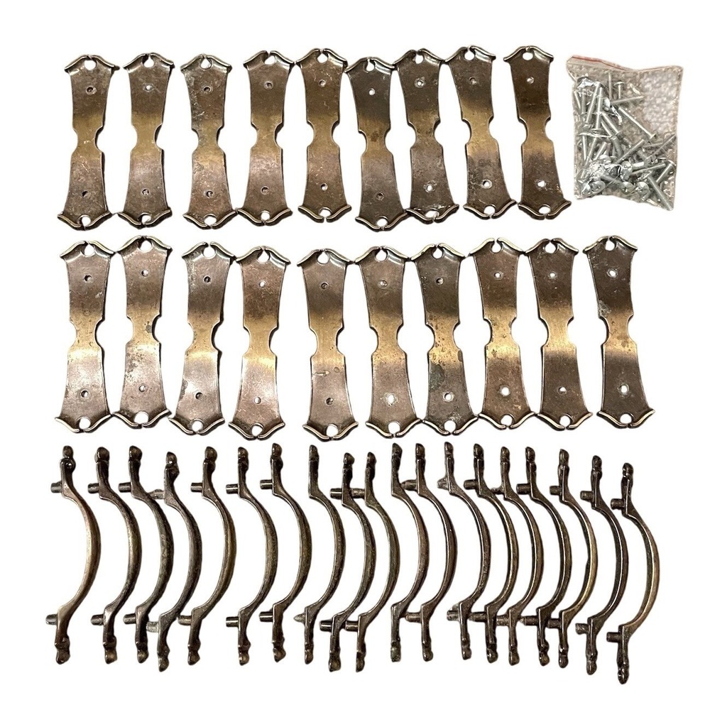 19 Vtg Amerock Antique Brass Cabinet Handle Drawer Pulls W/ Backplate 70s 3"